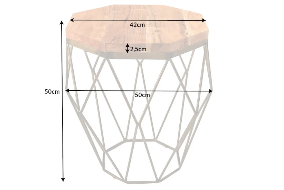 Abstrakter Beistelltisch DIAMOND 50cm natur Akazie Massivholz messing Metallgestell