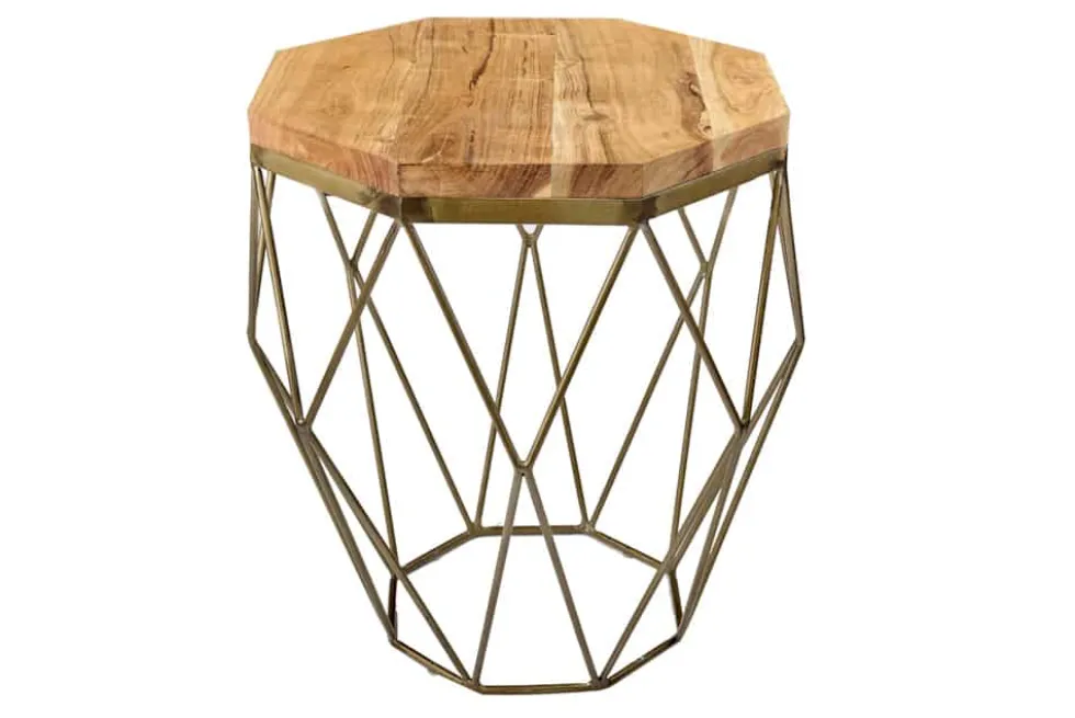 Abstrakter Beistelltisch DIAMOND 50cm natur Akazie Massivholz messing Metallgestell
