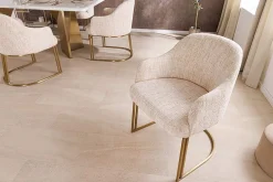 Armlehnen Stuhl EXTRAVAGANCIA beige Chenillestoff brushed champagner gold Metall