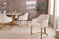 Armlehnen Stuhl EXTRAVAGANCIA beige Chenillestoff brushed champagner gold Metall