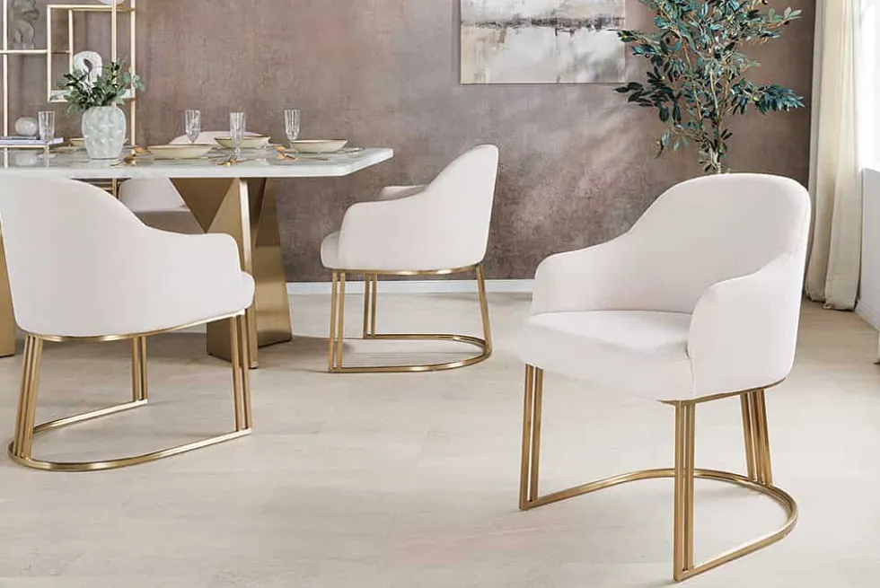 Armlehnen Stuhl EXTRAVAGANCIA beige Cord Metall brushed champagner gold