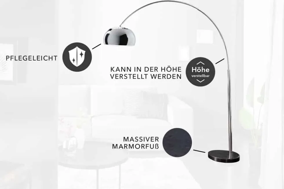 Ausziehbare Bogenlampe LOUNGE DEAL 170-210cm chrom Marmorfuß Stehlampe