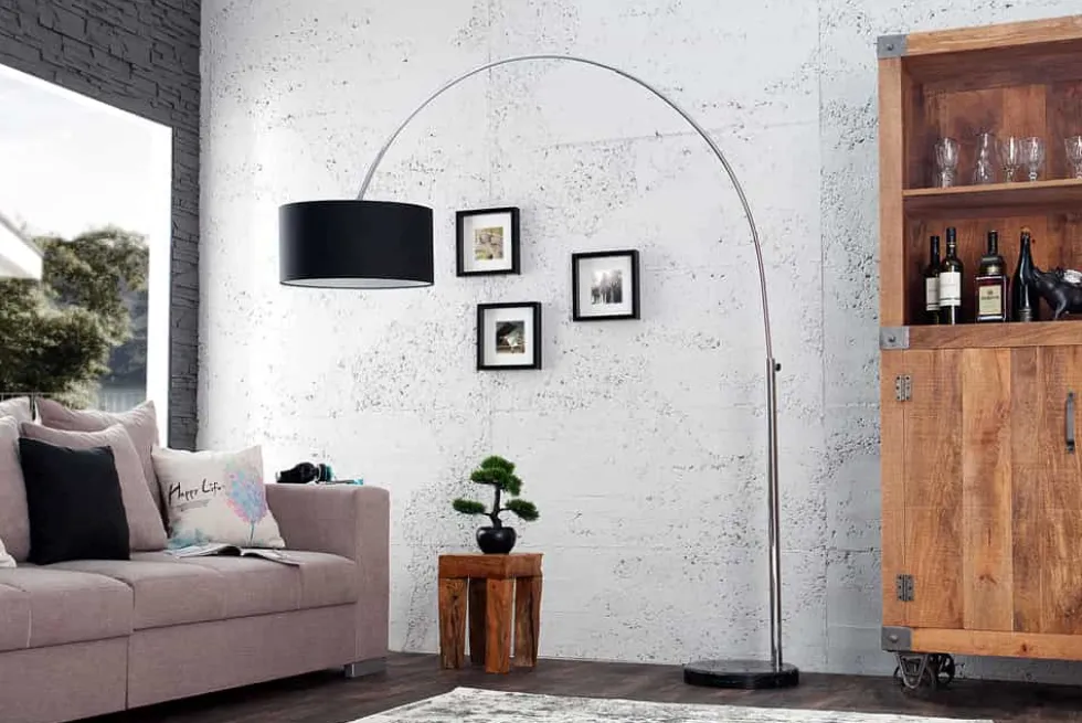 Ausziehbare Bogenlampe LOUNGE DEAL 170-200cm schwarz Leinenschirm Stehlampe