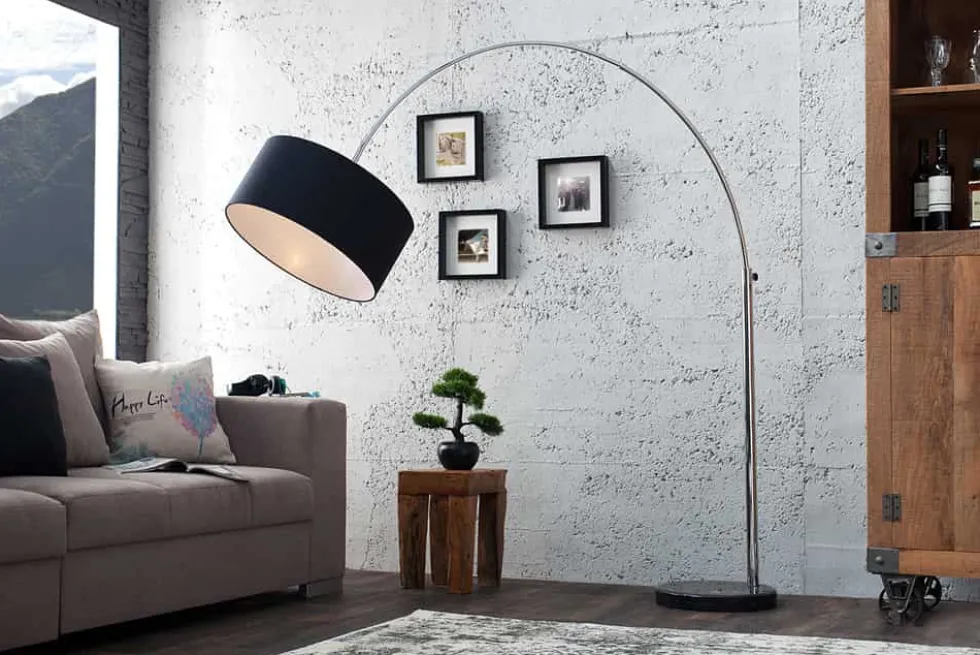 Ausziehbare Bogenlampe LOUNGE DEAL 170-200cm schwarz Leinenschirm Stehlampe