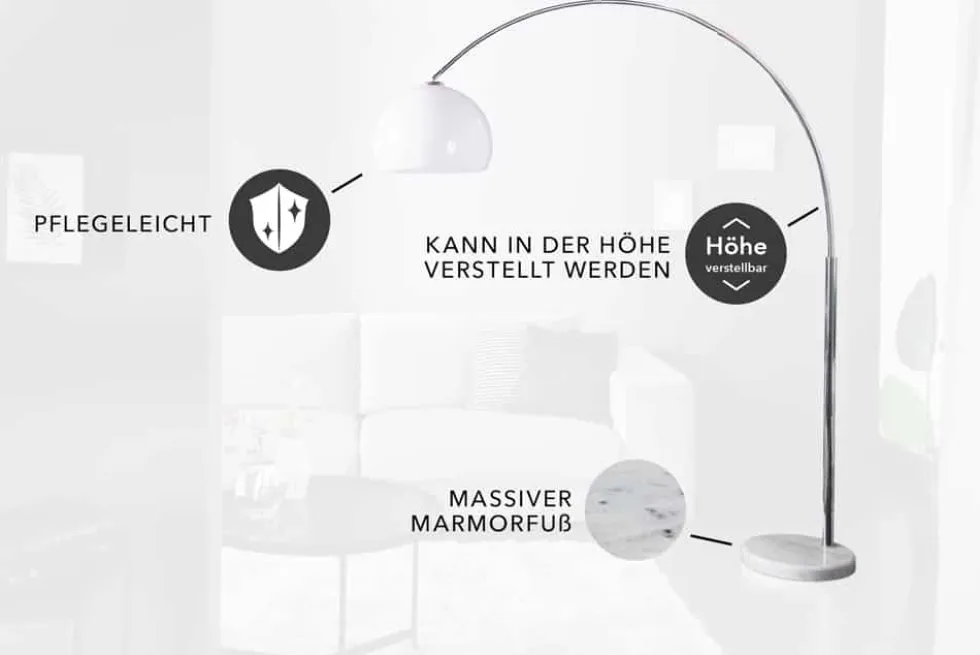 Ausziehbare Bogenlampe LOUNGE DEAL 175-205cm weiß Marmorfuß Stehlampe