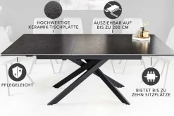 Ausziehbarer Esstisch ALPINE 160-200cm anthrazit Keramik schwarzes Metallgestell