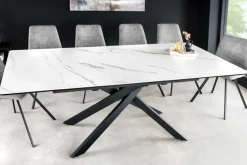 Ausziehbarer Esstisch ALPINE 160-200cm weiß Keramik Marmor schwarzes Metallgestell