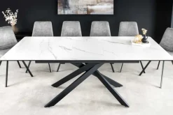 Ausziehbarer Esstisch ALPINE 160-200cm weiß Keramik Marmor schwarzes Metallgestell