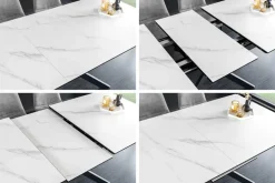 Ausziehbarer Esstisch ALPINE 160-200cm weiß Keramik Marmor schwarzes Metallgestell