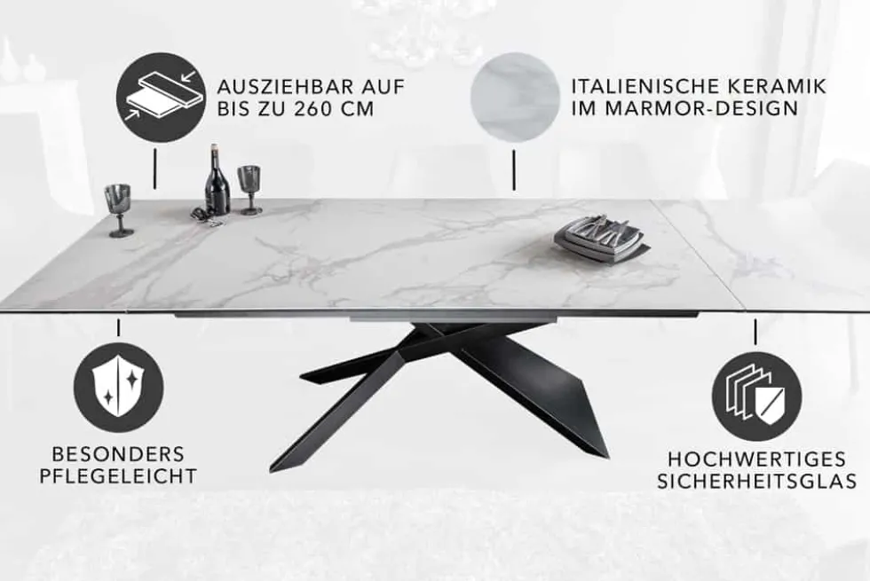 Ausziehbarer Esstisch EUPHORIA 180-220-260cm Marmor weiß Keramik made in Italy
