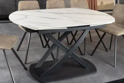Ausziehbarer Esstisch INCEPTION 130-190cm weiß Marmor Keramik schwarzes Metallgestell
