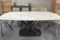 Ausziehbarer Esstisch INCEPTION 130-190cm weiß Marmor Keramik schwarzes Metallgestell