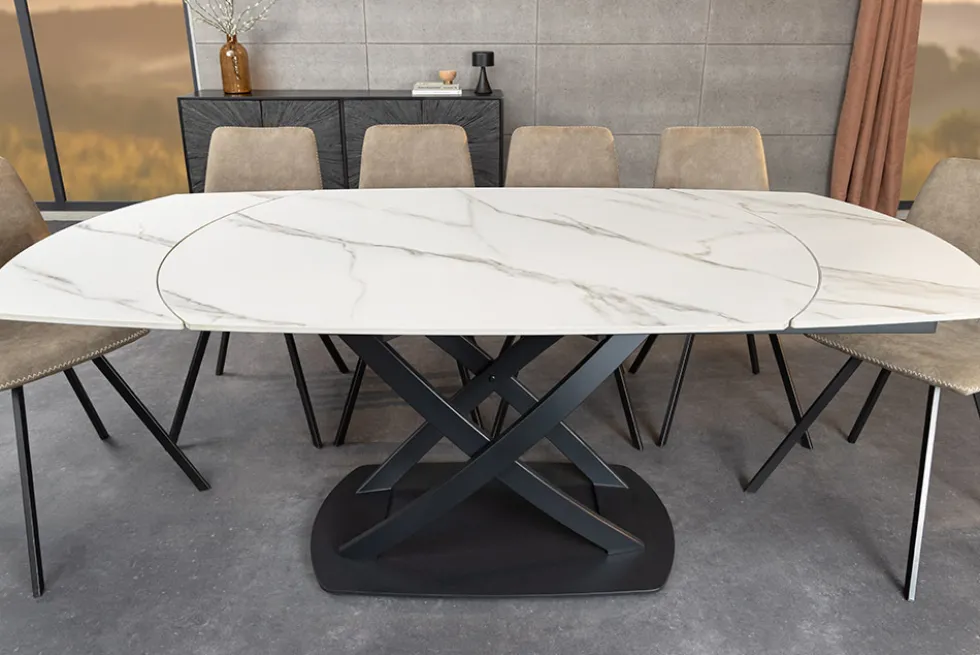 Ausziehbarer Esstisch INCEPTION 130-190cm weiß Marmor Keramik schwarzes Metallgestell