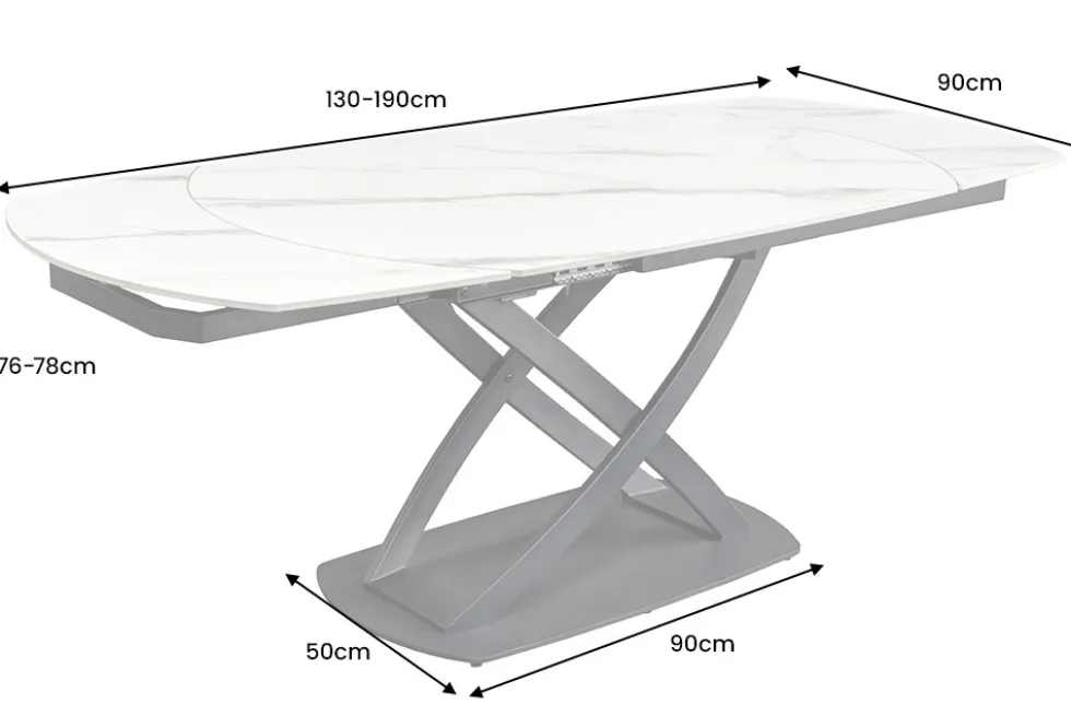 Ausziehbarer Esstisch INCEPTION 130-190cm weiß Marmor Keramik schwarzes Metallgestell