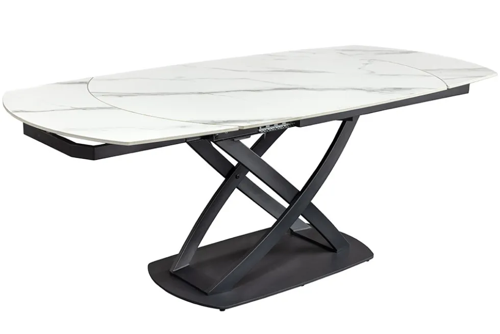 Ausziehbarer Esstisch INCEPTION 130-190cm weiß Marmor Keramik schwarzes Metallgestell