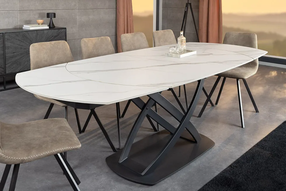 Ausziehbarer Esstisch INCEPTION 130-190cm weiß Marmor Keramik schwarzes Metallgestell