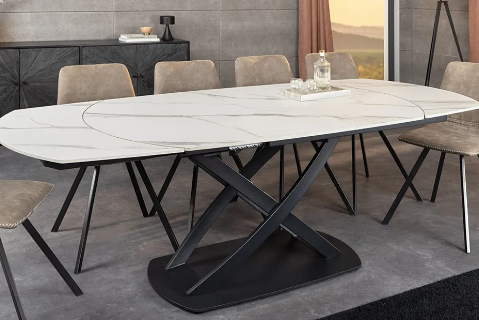 Ausziehbarer Esstisch INCEPTION 130-190cm weiß Marmor Keramik schwarzes Metallgestell