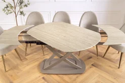 Ausziehbarer Esstisch INCEPTION 130-190cm oval Travertin Keramik champagner greige