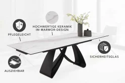 Ausziehbarer Esstisch INFINITY 180-260cm weiß Keramik Marmor schwarz Metall