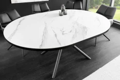 Ausziehbarer Esstisch MIKADO 120-160cm weiß Keramik oval schwarz Sterngestell