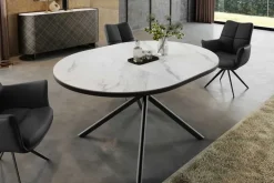 Ausziehbarer Esstisch MIKADO 120-160cm weiß Keramik oval schwarz Sterngestell