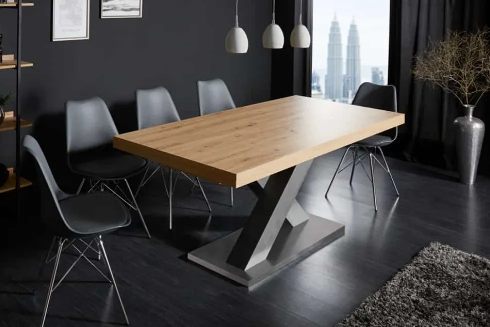Ausziehbarer Esstisch MONTREAL 180-280cm Asteiche Holz X-Gestell Schwarzstahl