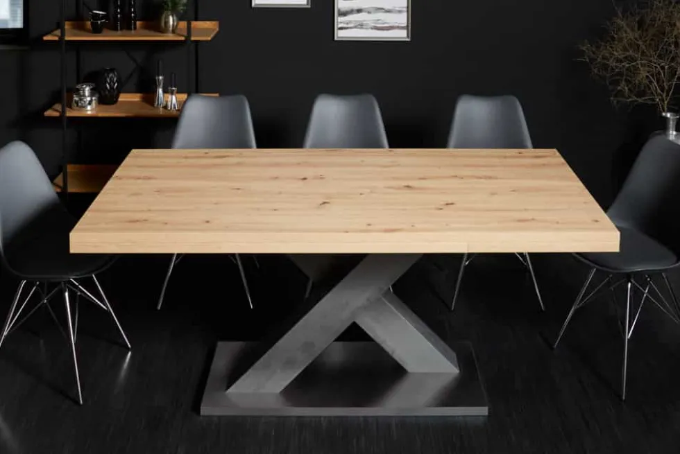 Ausziehbarer Esstisch MONTREAL 180-280cm Asteiche Holz X-Gestell Schwarzstahl