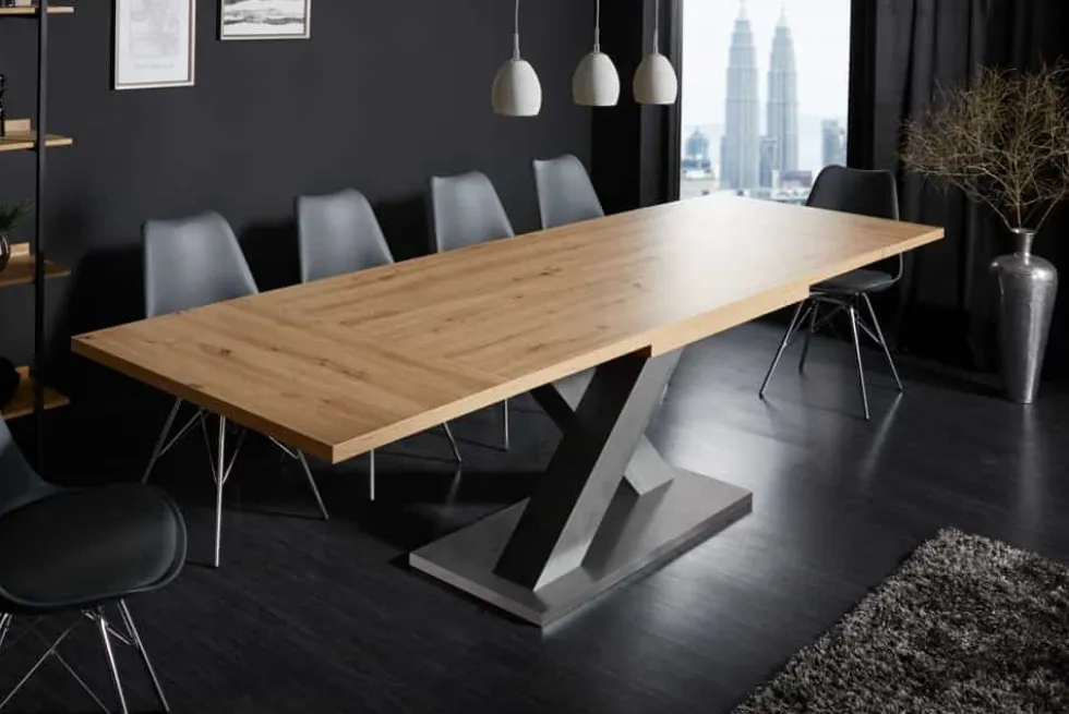 Ausziehbarer Esstisch MONTREAL 180-280cm Asteiche Holz X-Gestell Schwarzstahl