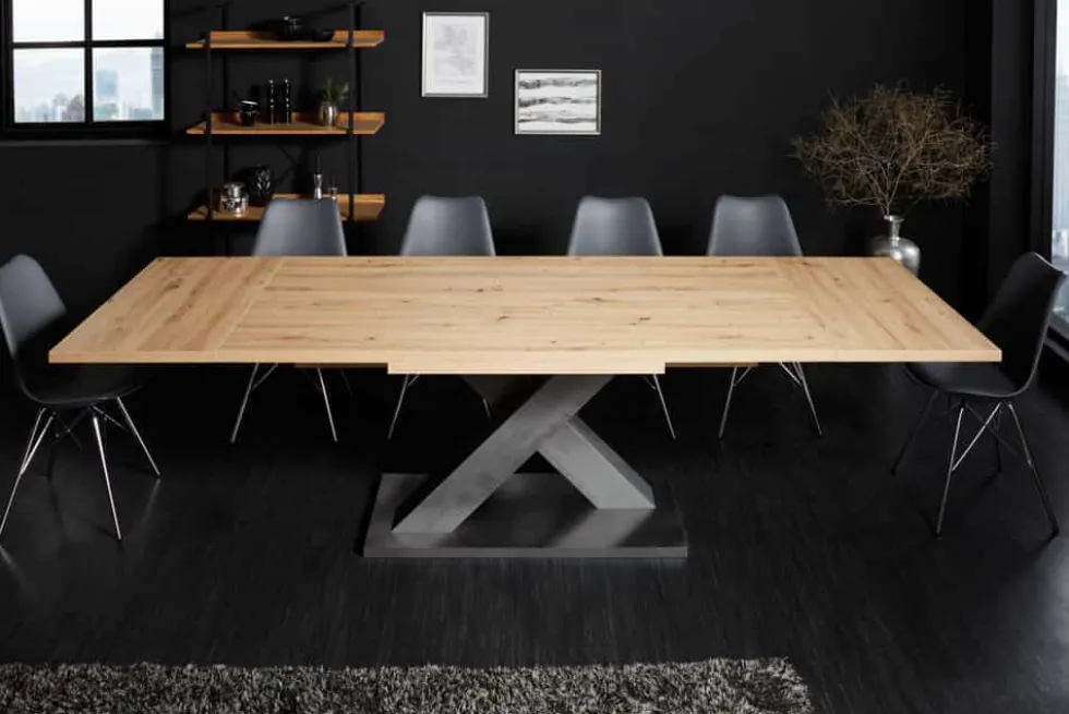 Ausziehbarer Esstisch MONTREAL 180-280cm Asteiche Holz X-Gestell Schwarzstahl