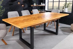 Ausziehbarer Esstisch MOSAIK 140-180cm braun Pinie recyceltes Massivholz Metall schwarz