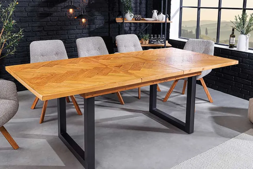 Ausziehbarer Esstisch MOSAIK 160-200cm braun Pinie recyceltes Massivholz Metall schwarz