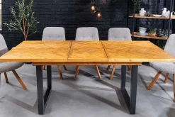 Ausziehbarer Esstisch MOSAIK 160-200cm braun Pinie recyceltes Massivholz Metall schwarz