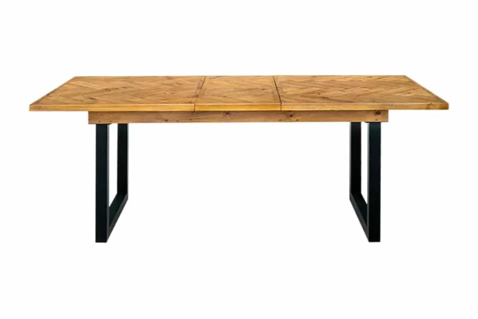 Ausziehbarer Esstisch MOSAIK 160-200cm braun Pinie recyceltes Massivholz Metall schwarz