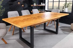 Ausziehbarer Esstisch MOSAIK 160-200cm braun Pinie recyceltes Massivholz Metall schwarz