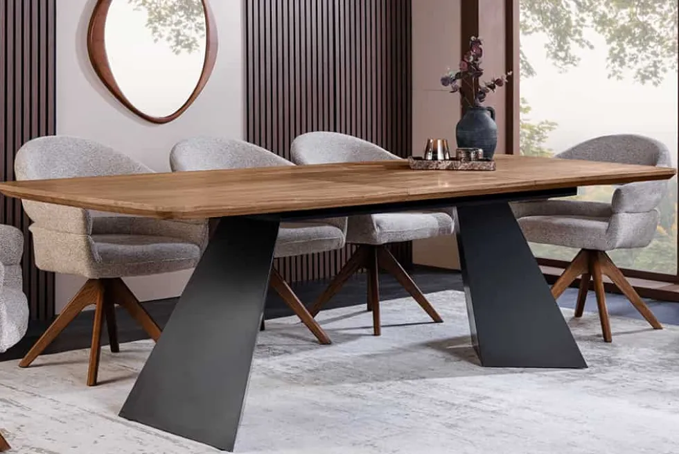 Ausziehbarer Esstisch PRESTIGE 180-240cm natur Walnussholz schwarzes Metallgestell