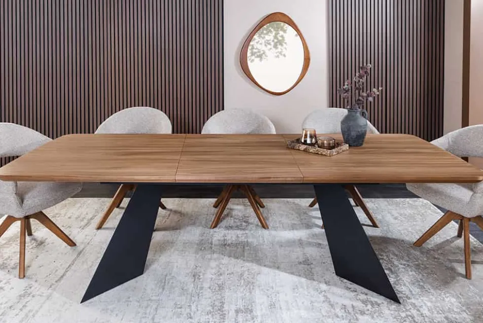 Ausziehbarer Esstisch PRESTIGE 180-240cm natur Walnussholz schwarzes Metallgestell