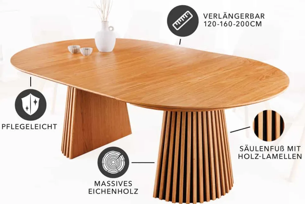 Ausziehbarer Esstisch VALHALLA WOOD 120-160-200cm natur Eichenholz oval Säulenfuß