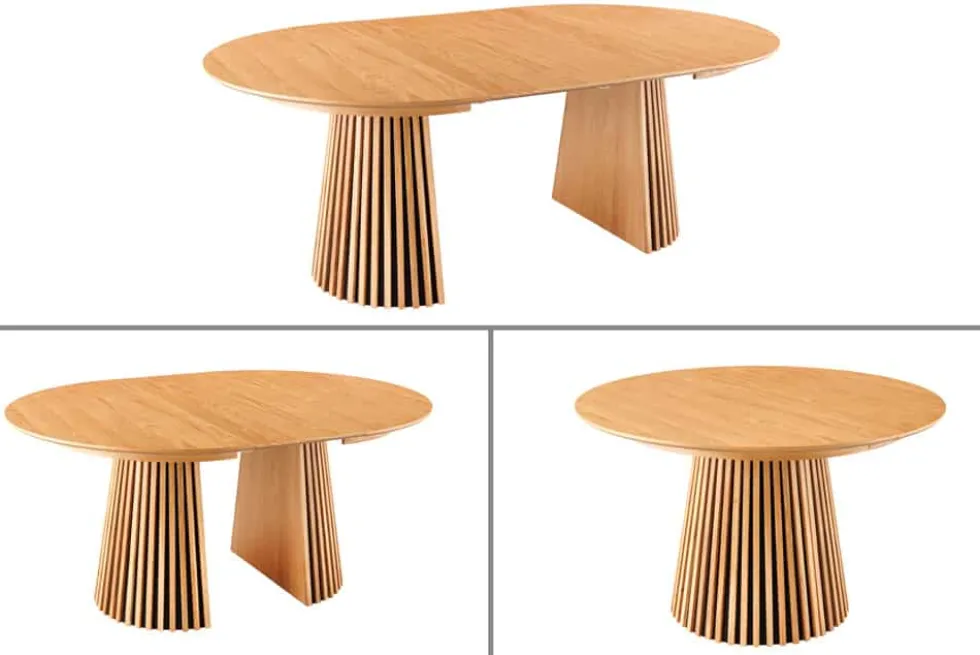 Ausziehbarer Esstisch VALHALLA WOOD 120-160-200cm natur Eichenholz oval Säulenfuß