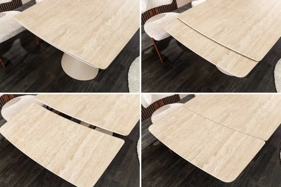 Ausziehbarer Esstisch VOGUE 160-240cm beige Keramik Travertin Metall champagner greige