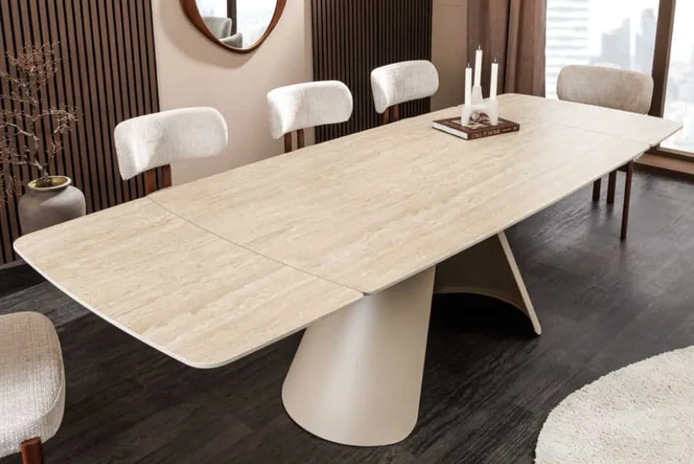 Ausziehbarer Esstisch VOGUE 160-240cm beige Keramik Travertin Metall champagner greige