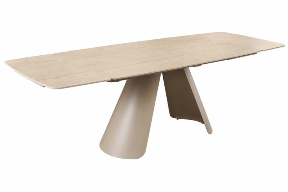 Ausziehbarer Esstisch VOGUE 160-240cm beige Keramik Travertin Metall champagner greige