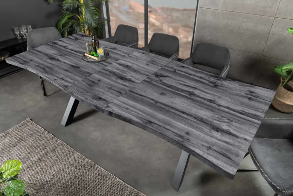 Ausziehbarer Esstisch WILD 180-220cm grau gekälkt Wildeichen-Design Baumkante schwarz