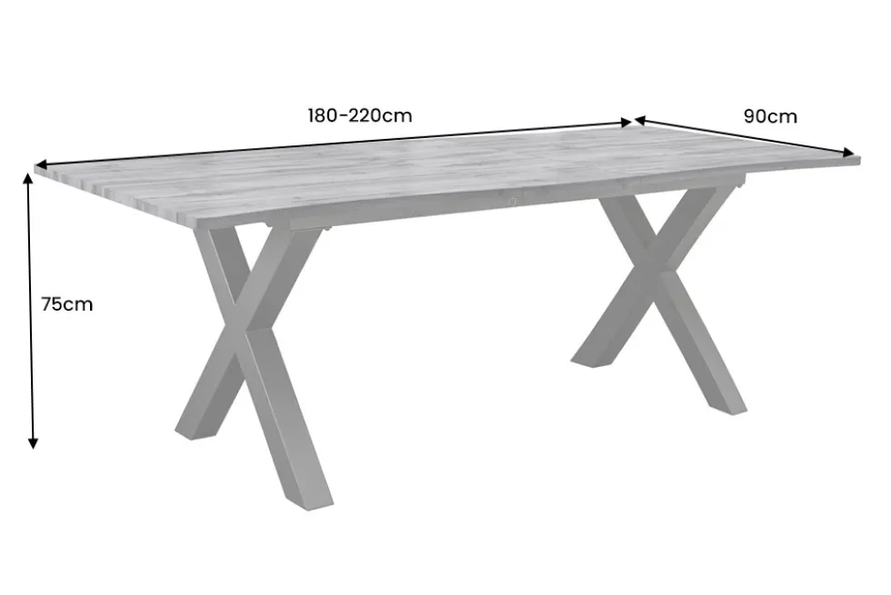 Ausziehbarer Esstisch WILD 180-220cm grau gekälkt Wildeichen-Design Baumkante schwarz