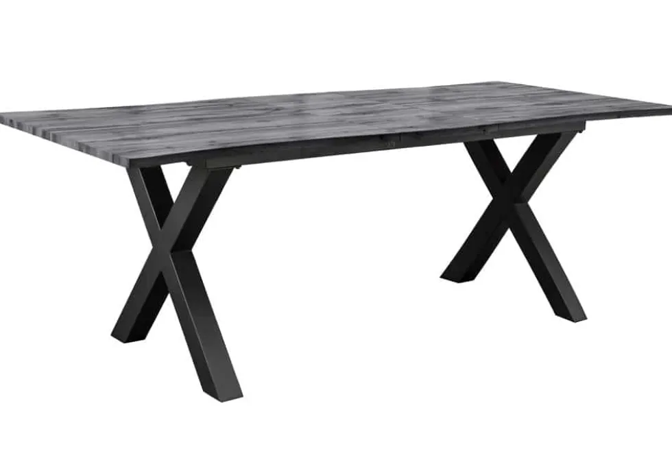 Ausziehbarer Esstisch WILD 160-200cm grau gekälkt Wildeichen-Design Baumkante schwarz