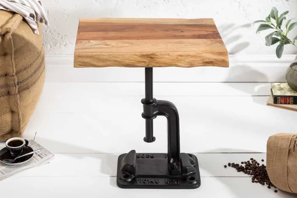 Authentischer Beistelltisch FACTORY 50cm Akazie Massivholz Baumkante Industrial Design
