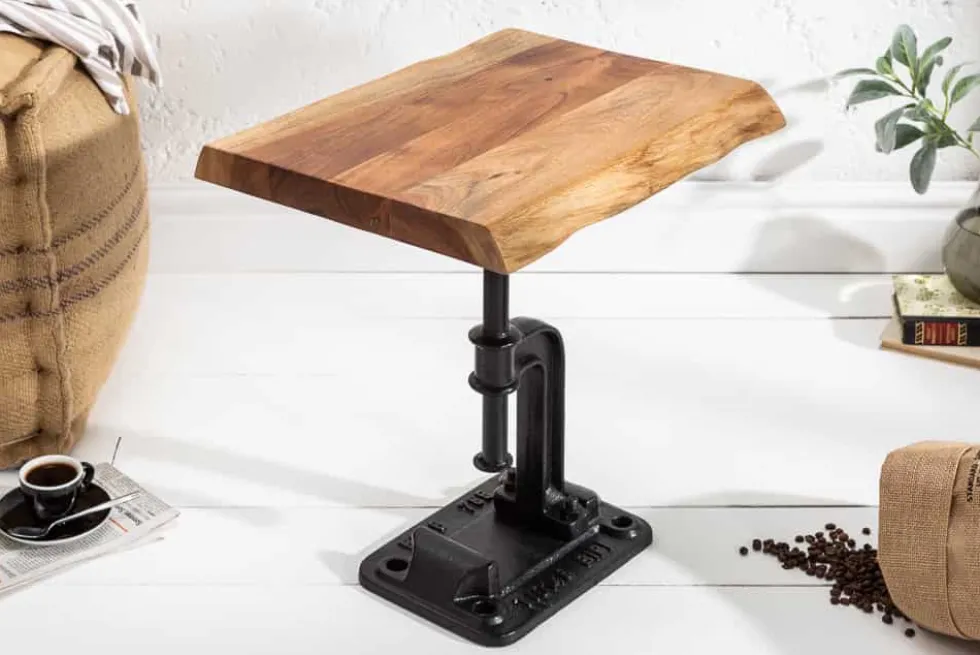 Authentischer Beistelltisch FACTORY 50cm Akazie Massivholz Baumkante Industrial Design