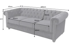 Barock Sofa CHESTERFIELD 205cm schwarz Samt Federkern Knopfheftung 3-Sitzer Couch