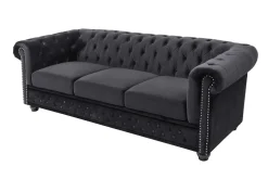 Barock Sofa CHESTERFIELD 205cm schwarz Samt Federkern Knopfheftung 3-Sitzer Couch
