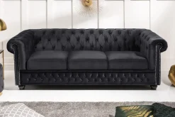 Barock Sofa CHESTERFIELD 205cm schwarz Samt Federkern Knopfheftung 3-Sitzer Couch