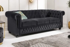 Barock Sofa CHESTERFIELD 205cm schwarz Samt Federkern Knopfheftung 3-Sitzer Couch